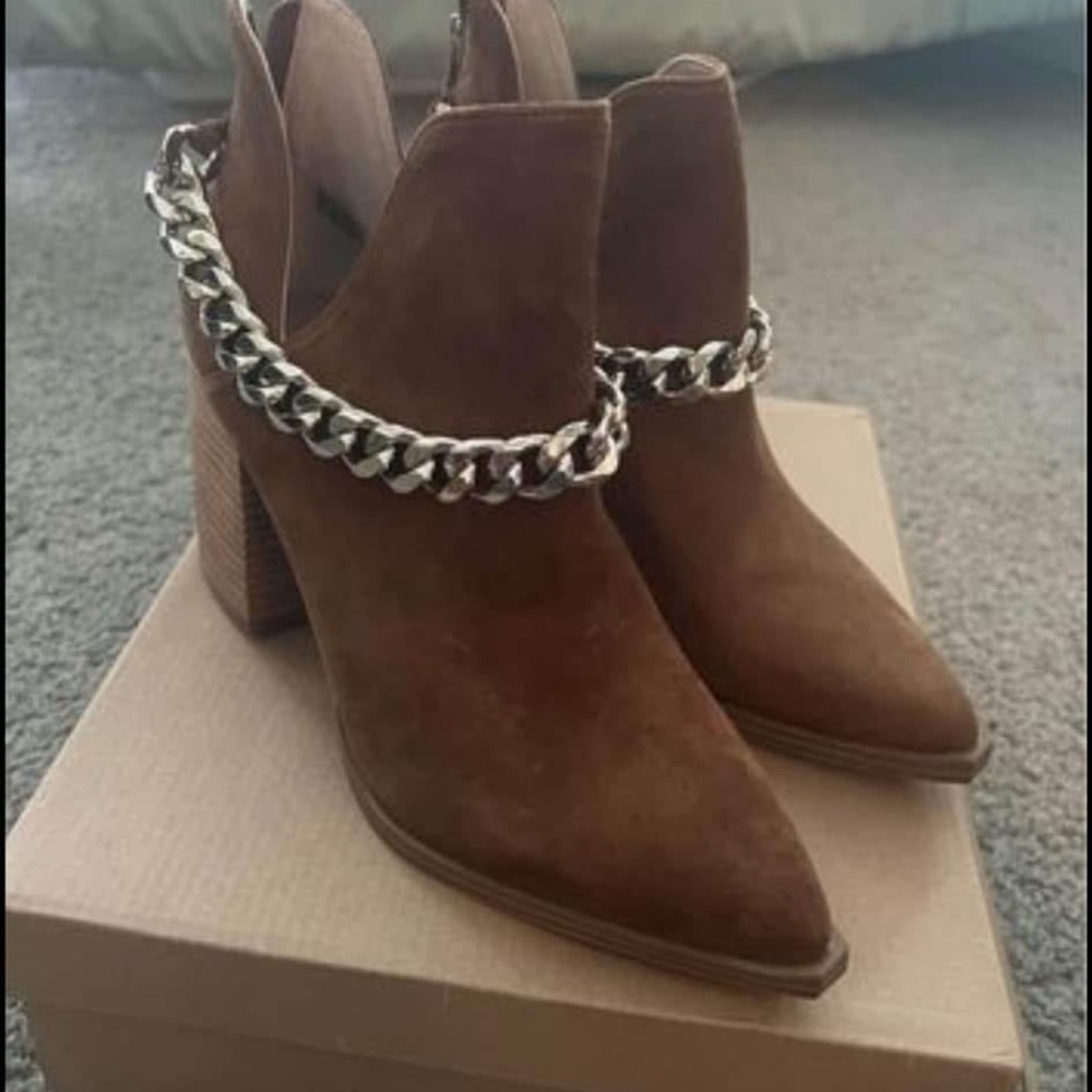 Women's Brown Suede Pointed Toe Booties with Chain Accent Steve Madden